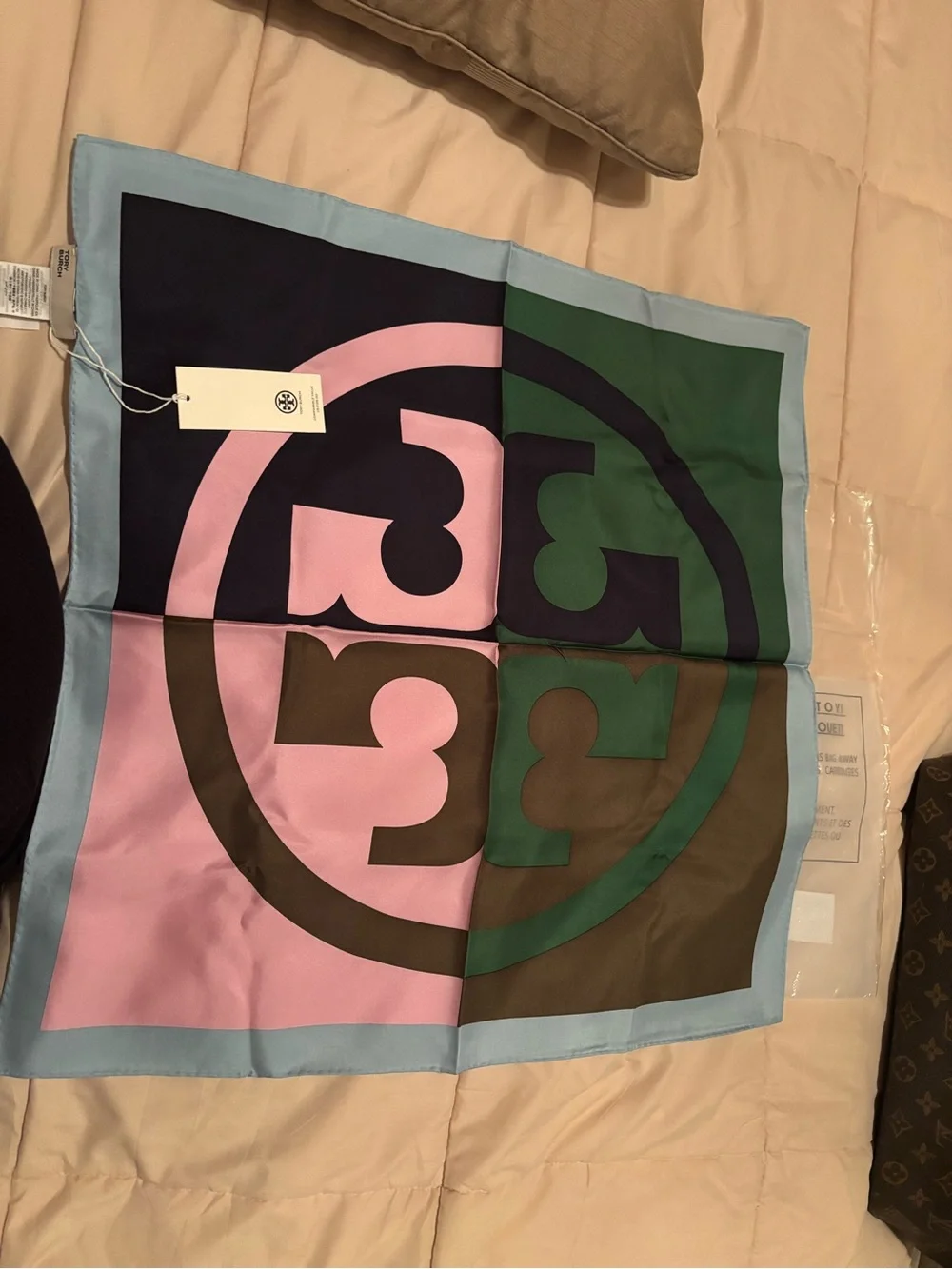 Tory Burch Colorblock Logo Silk Scarf in Pink, Green, Brown, Navy